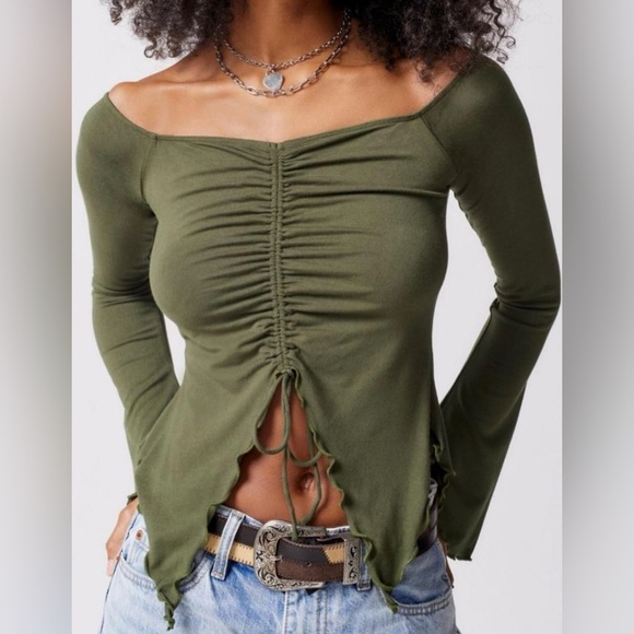 Urban‎ Outfitters Olive Off The Shoulder Top Small - Picture 1 of 11